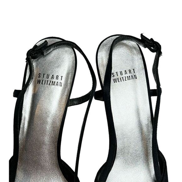 Stuart Weitzman black satin open toe rhinestone embellished heels size 8.5N - Picture 12 of 16